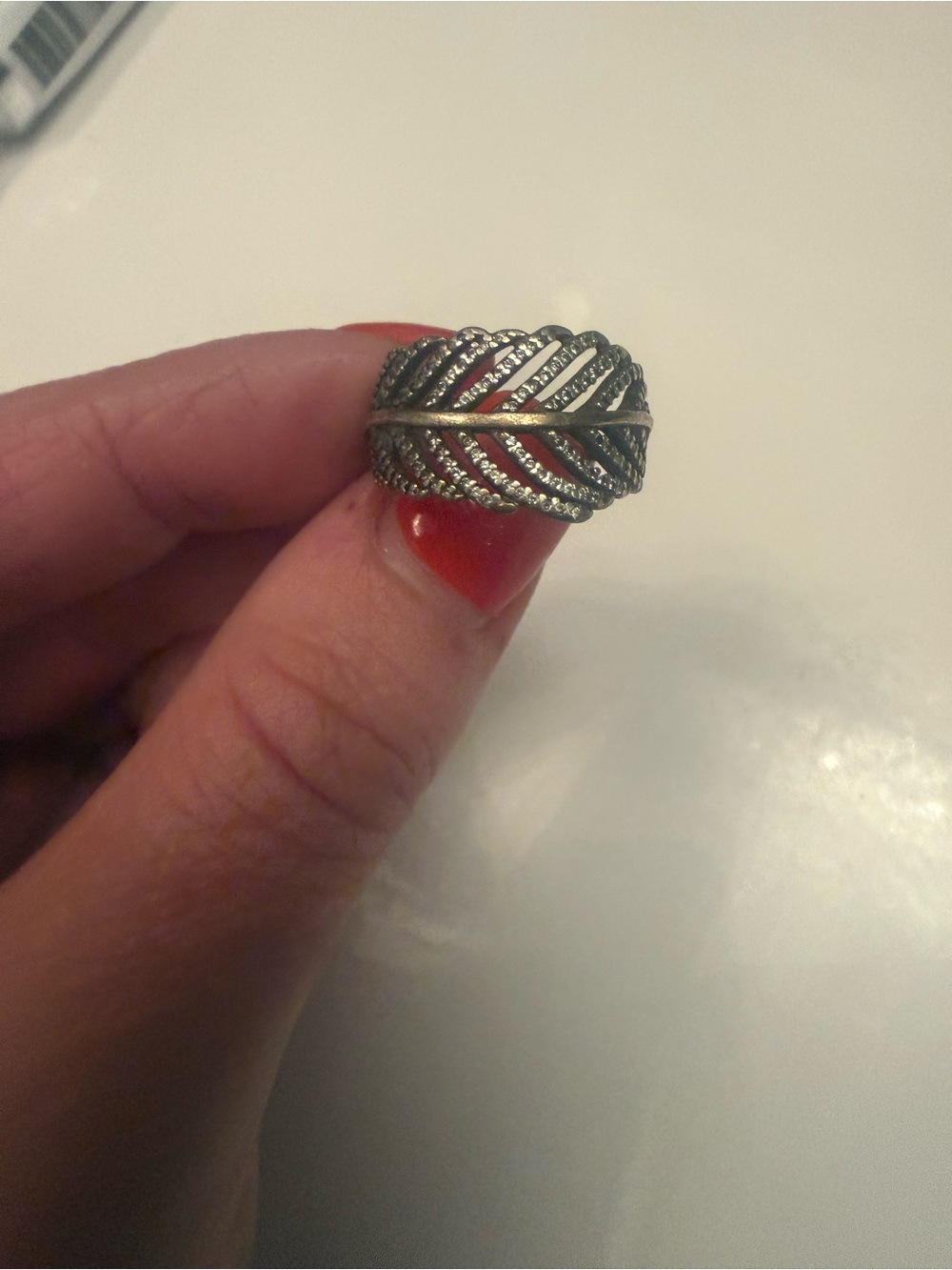 Pandora Silver Leaf Motif Ring with Etched Texture